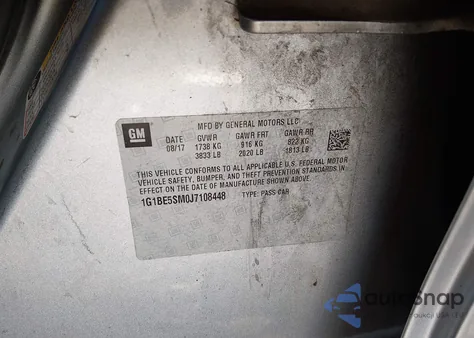 2018 Chevrolet Cruze Lt Auto из США, поврежденный, VIN 1G1BE5SM0J7108448